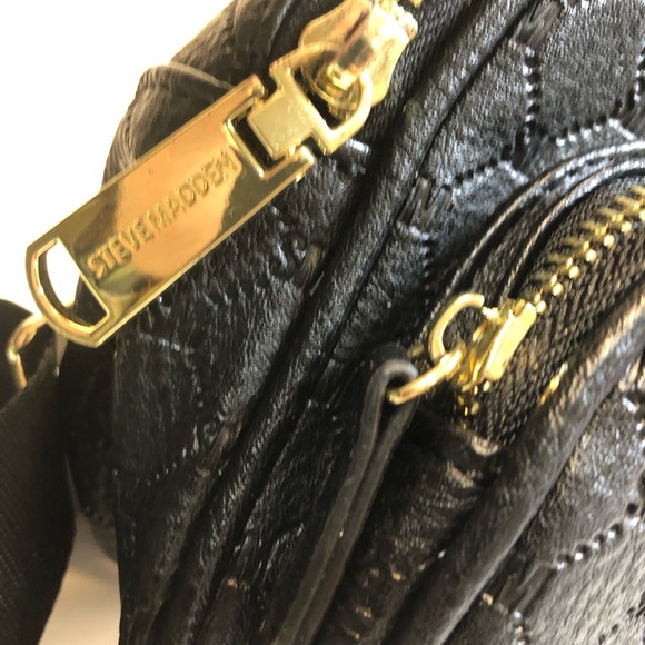 Steve Madden Backpack Purse Bag Black Gold Logo BBlogo Print seatbelt straps - Picture 8 of 15